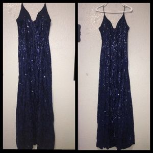 LONG NAVY BLUE SEQUENCED TWO SLITS PROM DRESS!!